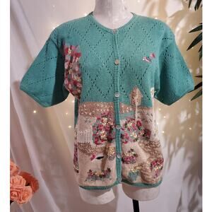 Vtg Jantzen Hand Embroidered Button Cardigan Sweater Size MP Granny Cottage